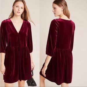 Anthropologie | AMADI Red Wine Burgundy Velvet V Neck Balloon Sleeve Dress sz M